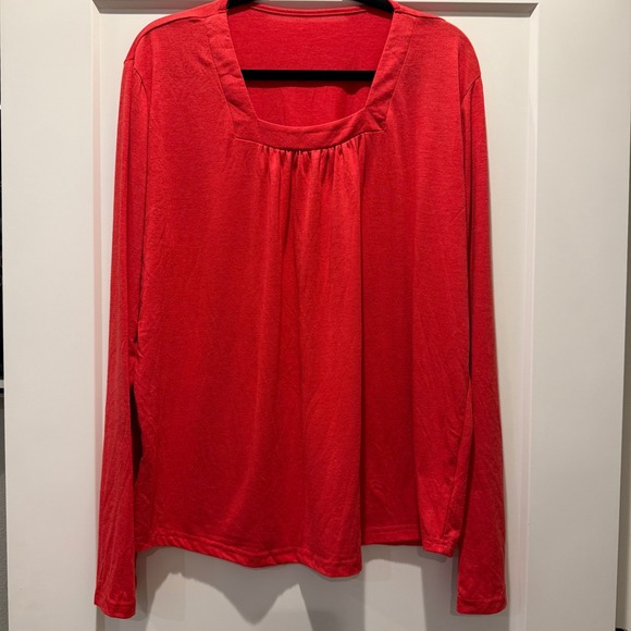 Tops - Classic Casual Red Long Sleeve Square Neck Blouse Women's 1XL Lightweight